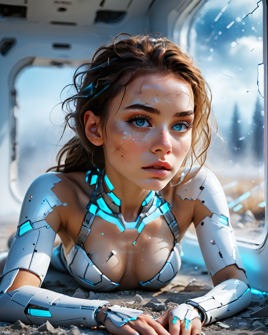 <lora:Anna_Rice:1>, Dying, death, destruction. Photo of a broken ruined humanoid cyborg female. Human face. Beautiful synthetic human body.  (Body is broken with scares and holes, laying on the ground, made of sleek broken, cracked, damaged, dirty, bloody, white plastic porcelain material:1.2). Intricate lines and patterns adorn her body. Her body is broken, cracked, destroyed. Laying on the ground.  She's surrounded by an ethereal neon blue fog. Sleek futuristic look. Agony. Violent death. Helpless. In a spaceship. (View of glowing galaxy through the window:1.2). Sterile, portrait photography, cinematic, white and light gray color scheme. Photorealistic, Natural atmospheric lighting, intricate details, 35mm photograph, film, professional, 4k visuals, highly detailed, elegant, studio quality.