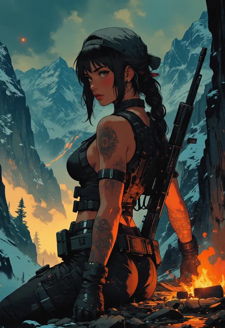 In the style of ff-td, nistyle, Silhouette Art, magnificent, crisp lines, closeup portrait of stunning mercenary, mountain top, overlooking a huge valley, beautiful girl, breasts, curvy, looking down scope, looking away from viewer, snipers nest, small campfire, cooking food, sniper rifle set up, dark braided hair, backwards hat, armor, sleeveless, arm sleeve tattoos, muscle tone, dogtags, sweaty, foreshortening, depth of field, at night, night, alpine, lightly snowing, dusting of snow,
Closeup, detailed face, freckles,