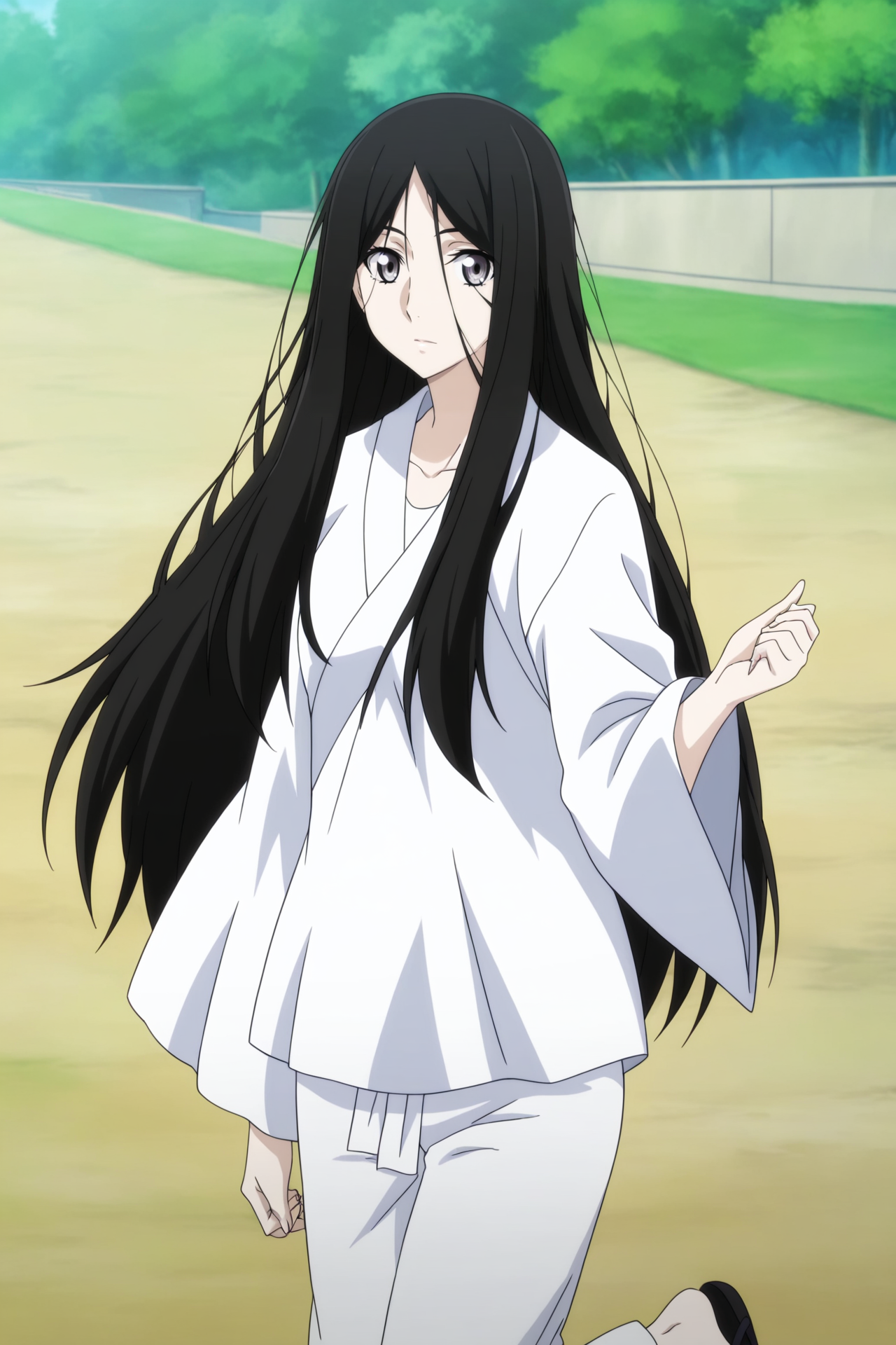 anime screencap,anime coloring,detailed face,masterpiece,best quality,very aesthetic,absurdres,volumetric lighting,official style,amazing quality,ultra detailed,highres,scenery,beautiful detailed hair,beautiful detailed eyes,official anime artwork,<lora:FengBaoBao S2-IL V1:1>,Feng Bao Bao,1girl,solo,long hair,black hair,grey eyes,outdoors,looking at viewer,White Taoist costume,white long sleeves clothes,white capri pants,black flip-flops,