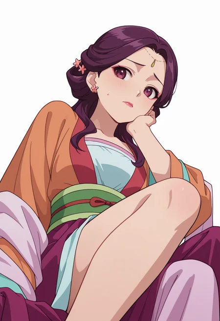 Smooth Quality,masterpiece,very intricate, high quality details, ultra realistic, high detailed skin,detailed enviorement,absurdres,
partially undressed,
<lora:Yinghua_CNR:0.8> yinghuacnr, purple hair, purple eyes, yinghua_orange_cnr, hanfu, japanese clothes,long sleeves, sash, shawl,earrings,hair ornament, makeup, lipstick,, simple background, white background, from below,
reclining, one leg over other, arm on backrest, calm, composed, ,nervous,