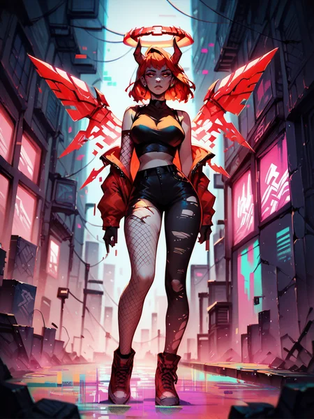 score_9, score_8_up, score_7_up, score_6_up, score_5_up,   <lora:g0th1c2XLP:1> g0th1c, red hair, curvy, glowing, full body, city, neon, fishnets, cyberwings, (glitch), torn clothes, horns, halo,