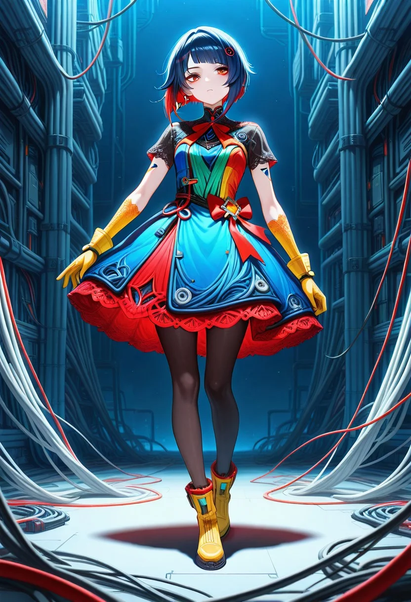 (masterpiece, best quality, high quality, highres), very awa, highres, absurdres, intricate detailed,
genshin impact,
mad-cable,
1girl, solo, full body, standing,
magical girl, evening dress, complex outfit,
short hair,
black tights, blue and red mad-cable skirt, yellow boots, yellow gloves,
ribbons, lace, multicolored dress, ornament on dress,
cyberpunk background,