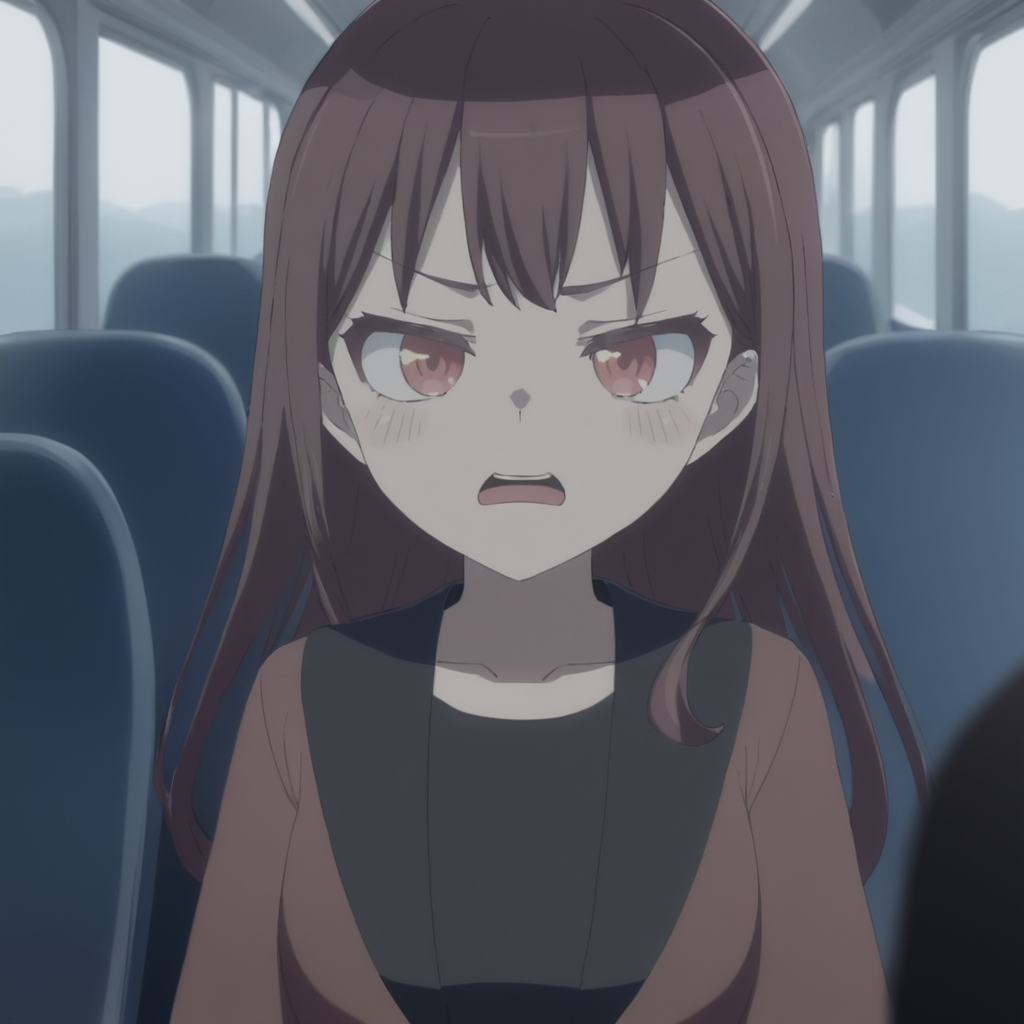 A cinematic anime scene of a girl looking angry on a bus, taki <lora:itsmygo_xl_2-000007:1>