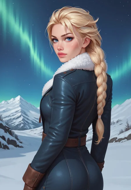 safe_pos, core_9, score_8_up, score_8, semi realistic, ultra detailed, 8k, high quality, hi res, high quality, detailed eyes, perfecteyes, detailed face, 1girl, sharp focus, cowboy-shot, focus on hip, (1girl:1.2), arctic explorer, winter gear, fair skin, long braided blonde hair, realistic, cinematic angle, cinematic lighting, athletic body, determined face, blue eyes, adventurous pose
BREAK
traversing a snowy, icy landscape under the Northern Lights
BREAK
source_arctic_art, rating_explicit, expressive, half body, back view, dynamic pose
BREAK
detailed beautiful background, snow-covered mountains, frozen lakes, glistening ice formations, aurora borealis, starry night sky, crisp arctic air
(((full clothed)))