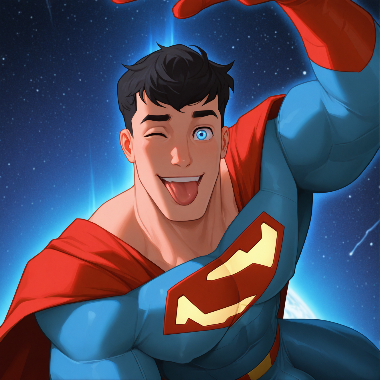 <lora:CLARK:1.5> clark, 1boy, solo, short hair, black hair, blue eyes, muscular, bara, thick eyebrows, wink, superhero, Superman blue suit, clenched teeth, close-up , <lora:bulge:1> bulge, v, looking at viewer, male focus, open mouth, red gloves, sideburns, smile, tongue out, upper teeth only, taking a selfie from space, dynamic high-angle perspective, extended arm holding the camera, Earth visible below, glowing atmosphere, deep space background, stars and nebulae, floating weightlessly, cape moving in zero gravity, confident yet charming smirk, cinematic lighting, depth of field, realistic reflections on the suit, highly detailed textures, anime-style shading,
very awa, masterpiece, best quality, absurdres, newest, perfect quality, detailed background, intricate details