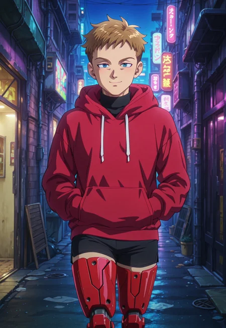 dbstyle, masterpiece, best quality, hyper-Detailed, 1man, solo, male focus, alone, detailed, Harlequin_(king) ((adult, toned body, fair skin, brown short hair, detailed blue eyes, red prosthetic legs)), ((wearing red hoodie above a black turtleneck, black tight shorts)), cyberpunk alley, dark alley, night, walking with hands in pockets, smiling, staring the viewer,