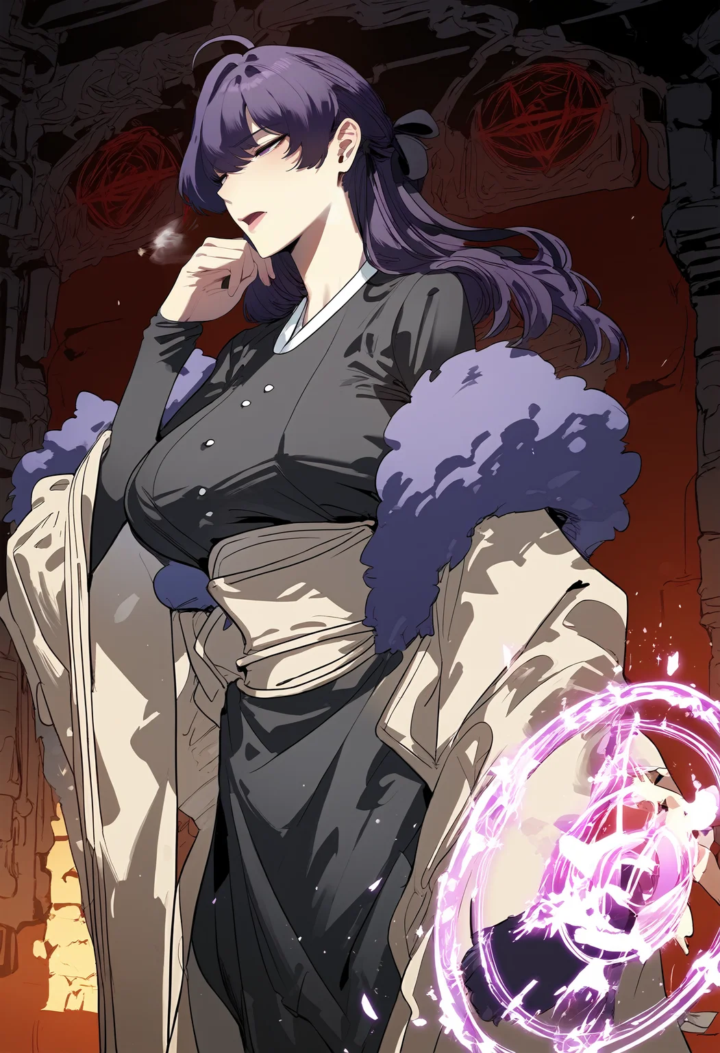 score_9, score_8_up, score_7_up, score_6_up, source_anime, rating_explicit, 1girl, solo, huge breasts, <lora:Anastasia Zelenskyponyxl:1> long hair, purple hair, purple eyes, ahoge, hair ribbon, black ribbon, sidelocks, purple fur trim, fur-trimmed coat, black dress, sash, wide sleeves, long sleeves, black pants, serious, half-closed eyes, open mouth, Narrow shoulders, heavy breathing, steaming body, dungeon, indoors, looking ahead, standing, half updo, hand up, magic circle