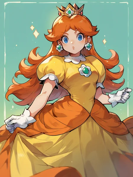 score_9, score_8_up, score_7_up, score_6_up, score_5_up,  <lora:PrincessDaisyXLP:1> princess daisy, 1girl, earrings, solo, blue eyes, crown, long hair, white gloves, orange hair, dress