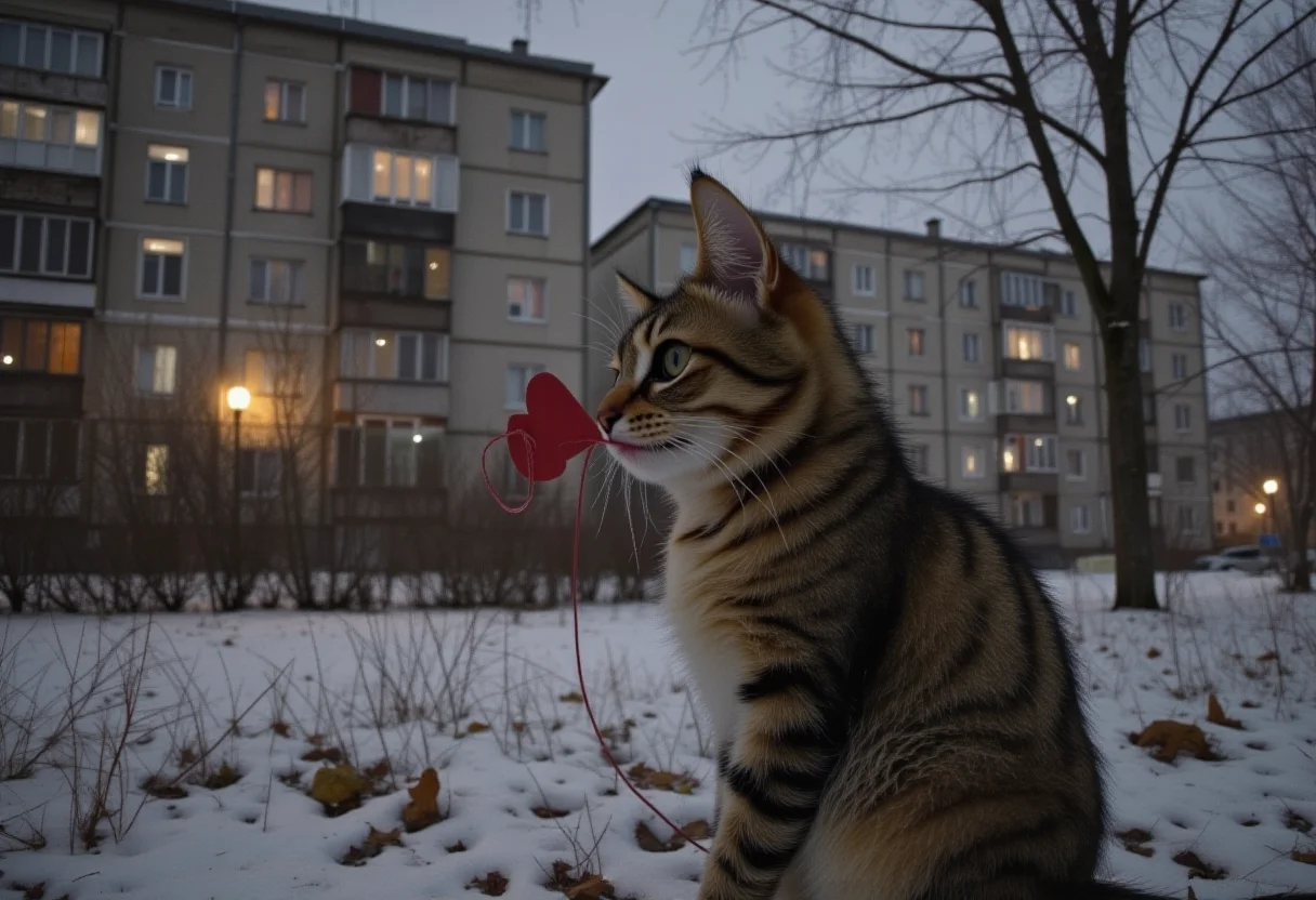 cinematic photo Winter evening, light from the windows of houses. The cat is carrying a small card in the shape of a red heart in its teeth. post-soviet, panel building, panelki, . 35mm photograph, film, bokeh, professional, 4k, highly detailed