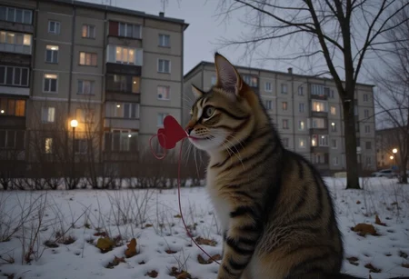 cinematic photo Winter evening, light from the windows of houses. The cat is carrying a small card in the shape of a red heart in its teeth. post-soviet, panel building, panelki, . 35mm photograph, film, bokeh, professional, 4k, highly detailed