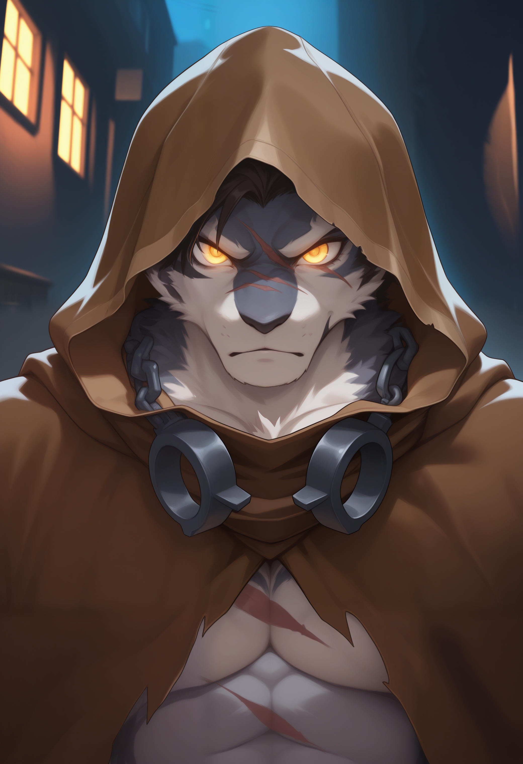 masterpiece,best quality,amazing quality, 1boy, solo, y40, furry male, brown cloak, handcuffs around neck, glowing eyes, yellow eyes, close up, serious, 

alley, night,