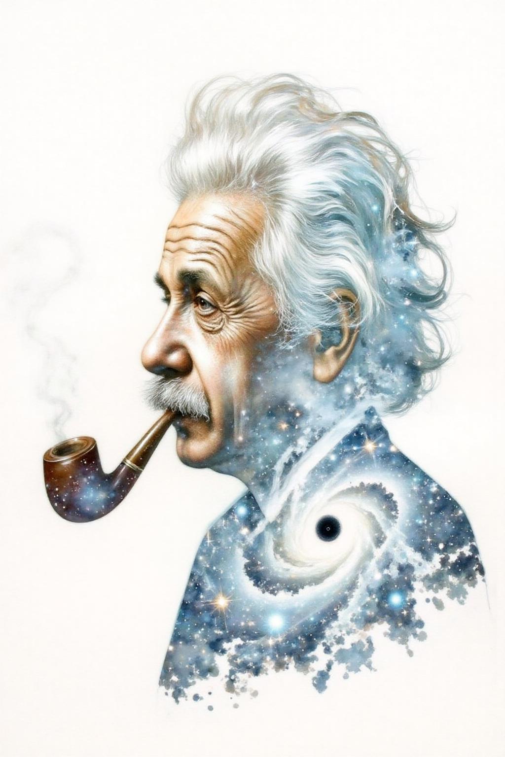 Portrait painting, Einstein, shown in side profile, smoking a pipe. His face is blended seamless with swirling galaxies and a black hole. The background is stark white. <lora:doubleexpopainting1_cap_d6a3e13:1.0><lora:850338201645119169:0>