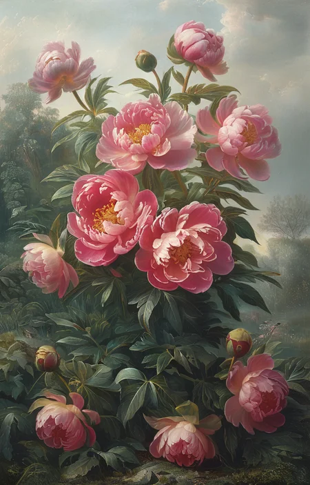 masterpiece,best quality,<lora:tbh240-sdxl:0.9>,illustration,style of Fritz Zuber-Buhler, decaying peonies
