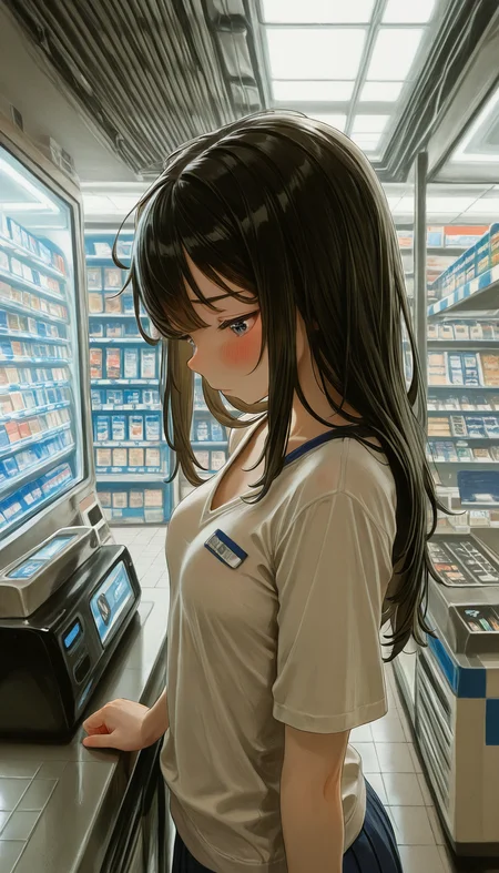masterpiece, best quality, amazing quality, very aesthetic, absurdres, newest, 1girl, small breasts, convenience store cashier