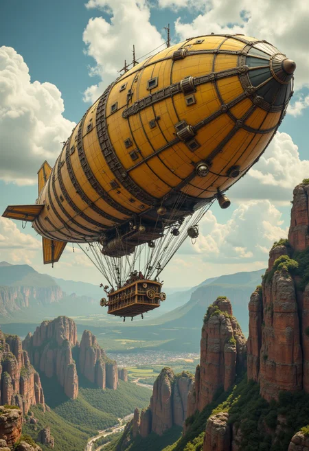A steampunk zeppelin in flight, steampunk, brass and gears, Monty Python style , intricate design, vintage, mechanical, adventurous, detailed, imaginative, retro