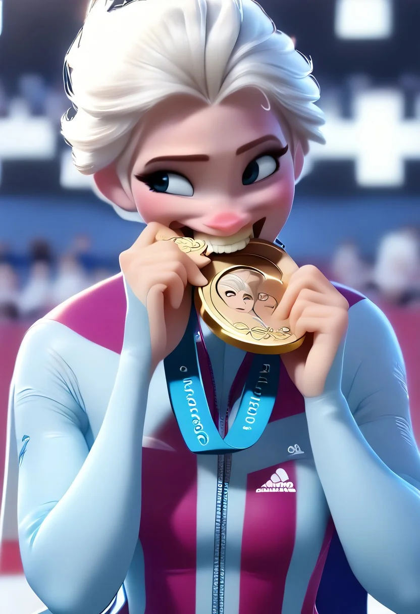 ElsaXPL, olimedbitepxl, holding medal, biting Olympic medal,