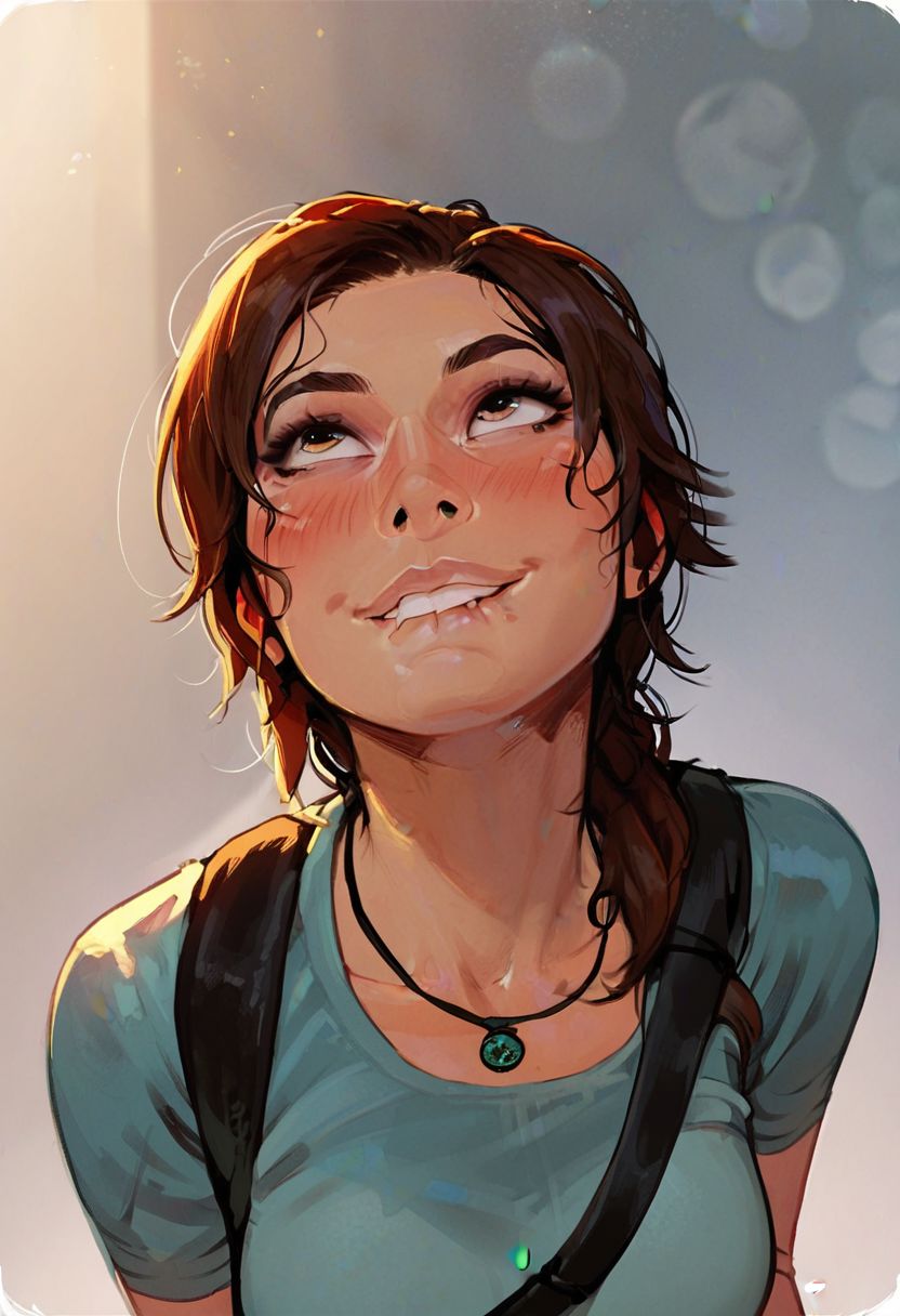 score_9, score_8_up, score_7_up, Lara Croft, looking up left, lip bite, smile, blush, eyes lidded, eyes crossed