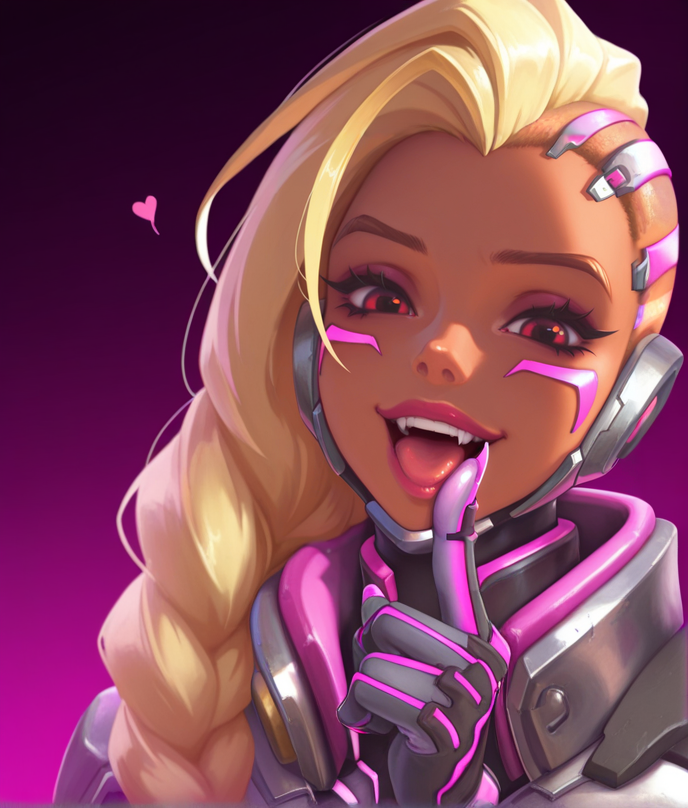 Masterpiece, high-res, 2k, best quality, 2.5d , 1girl, augsombra, sombra (overwatch),  <lora:augsombra_illus-000049:1>  Playful Expression with One Finger Raised: Give a playful expression while raising one finger to the side of your mouth adding a touch of mischief and charm.