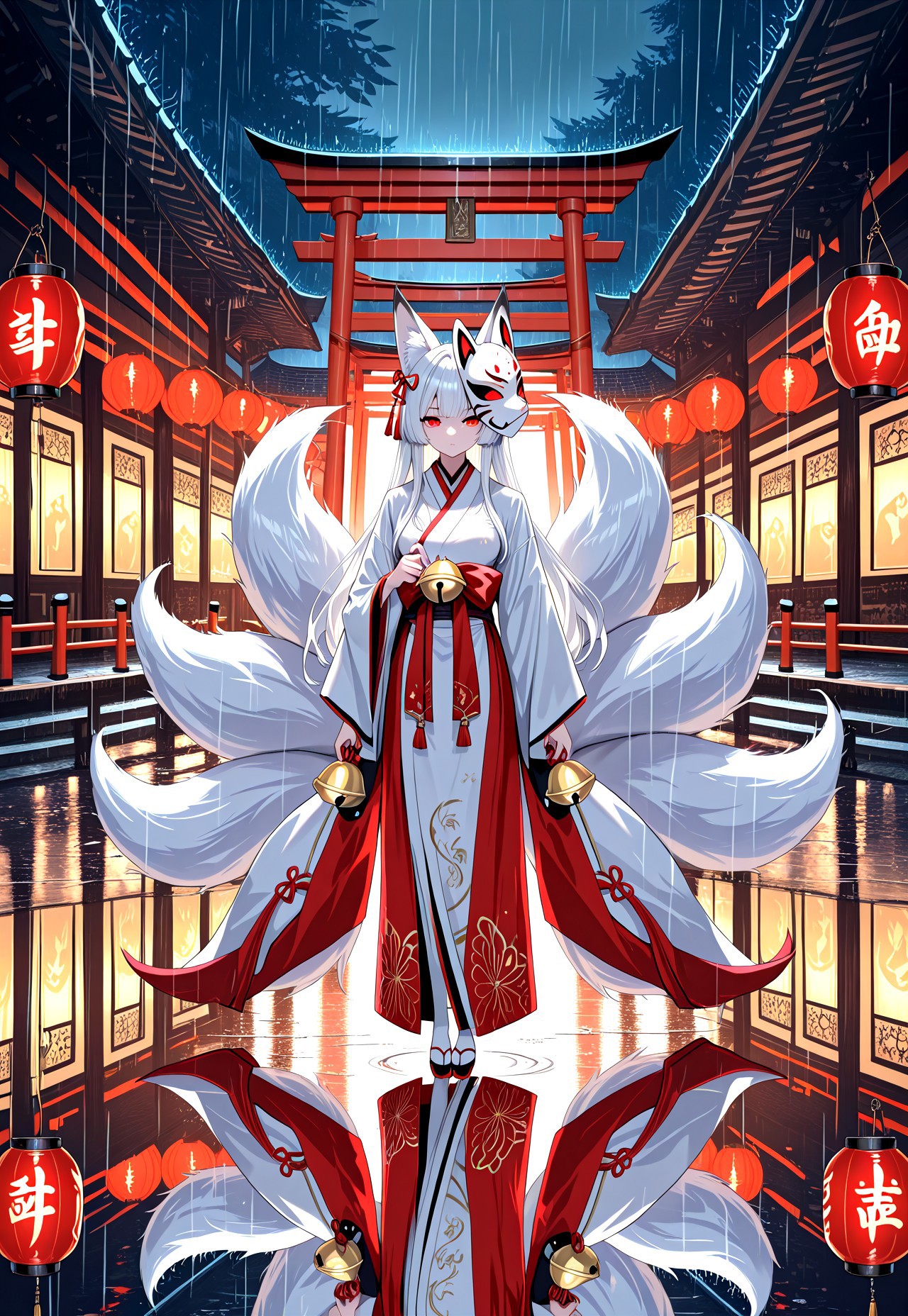 masterpiece, very aesthetic, newest, high score, best quality, absurdres, kitsune_yokai, 1girl, solo, long hair, looking at viewer, red eyes, animal ears, standing, tail, white hair, outdoors, japanese clothes, kimono, fox ears, bell, mask, night, fox tail, animal, fox, multiple tails, reflection, rain, lantern, torii, architecture, fox mask, east asian architecture, fox, paper lantern, kitsune