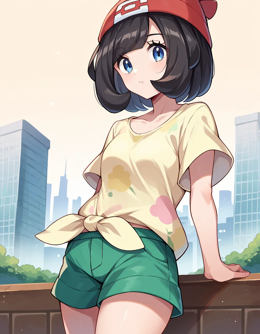 score_9, score_8_up, score_7_up, source_anime,
pokemonselene, <lora:pokemon-selene-ponyxl-lora-nochekaiser:1>
pokemonselene, black hair, blue eyes, short hair, bangs, blunt bangs,
beanie, collarbone, green shorts, hat, red headwear, shirt, short sleeves, shorts, tied shirt, yellow shirt,
outdoors, cityscape,
looking at viewer, cowboy shot, dutch angle,