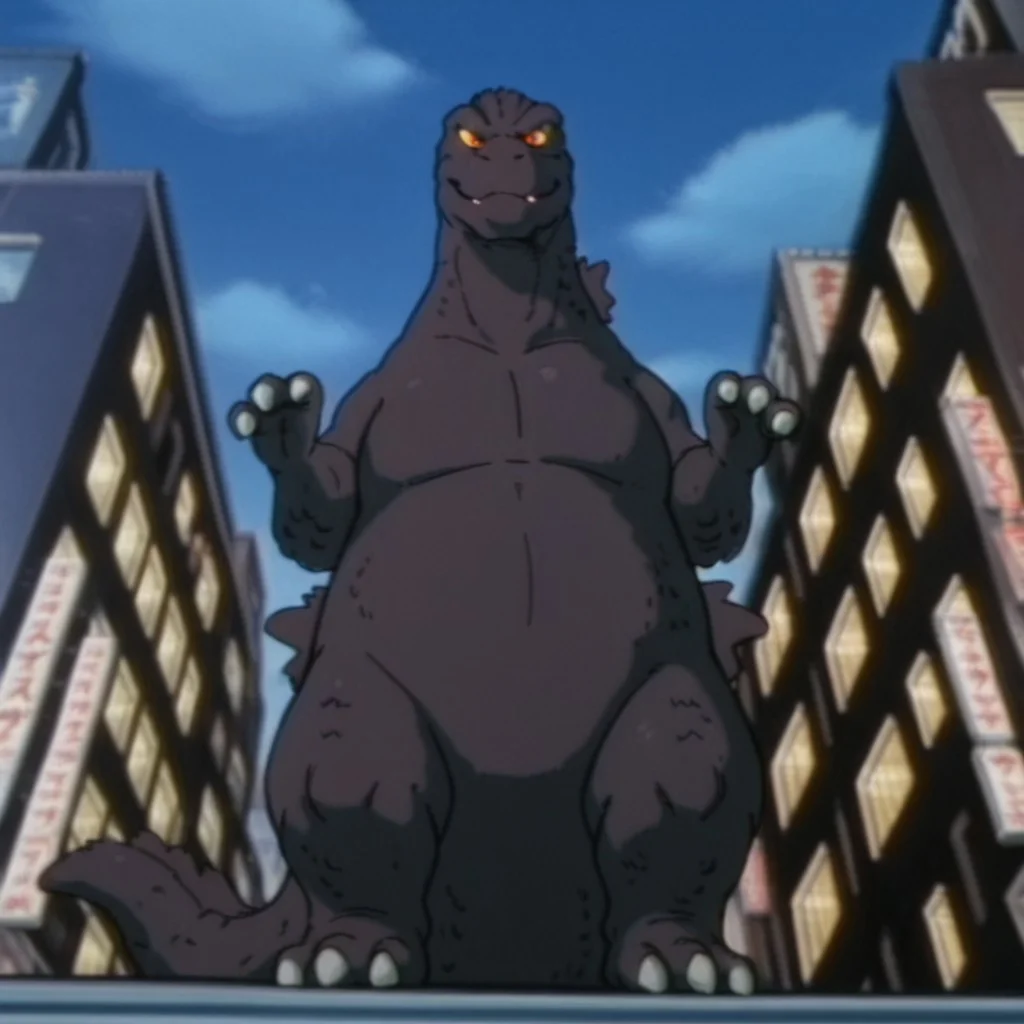 masterpiece, best quality, amazing quality, godzillaDSil, feral, male, godzilla, grey skin, grey back spines, yellow sclera, orange eyes, tail, hands up, city ,solo, full body, 3toes