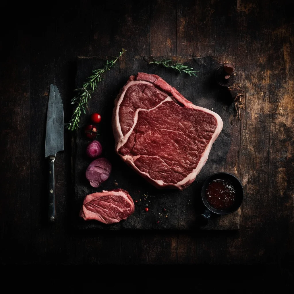 <lora:SDXL_black_and_color_Sa_May:1> a food steak meat wood table