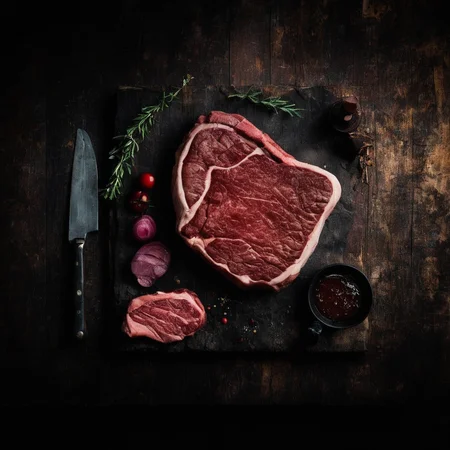 <lora:SDXL_black_and_color_Sa_May:1> a food steak meat wood table