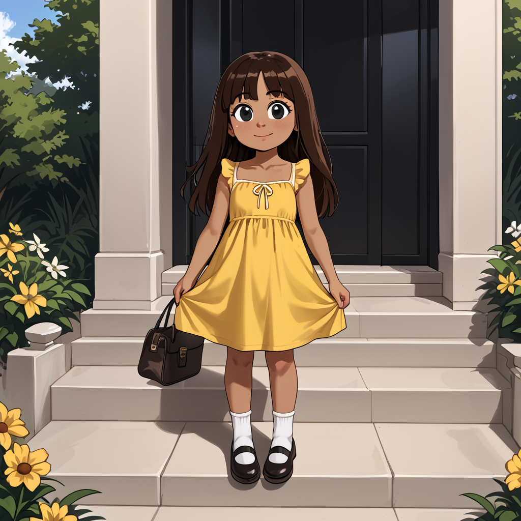 outside,   <lora:Emmie Molly:1> emmie, 1girl, female child, solo, brown hair, dark-skinned female, black eyes, long hair, dress, yellow dress, shoes, socks, full body
