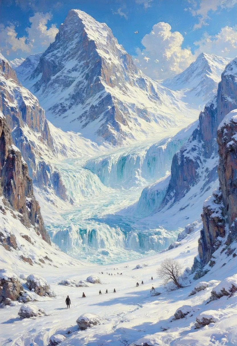 snowy_landscapes, painting. Impressionist oil painting of a horrible avalanche during late winter. The view is from the base of a large mountain. Half-way up the mountain a large cornice has released and a massive avalanche of tumbling snow is building relentlessly through the scene. Specks of blue sky and sun are still visible, but shadow and darkness begin to descend over the scene as the avalanche builds in ferocity. A small group of winter birds can be seen in the foreground beginning to take flight to escape the oncoming path of wreckage. The work is unsigned. It is an exceptional masterpiece.