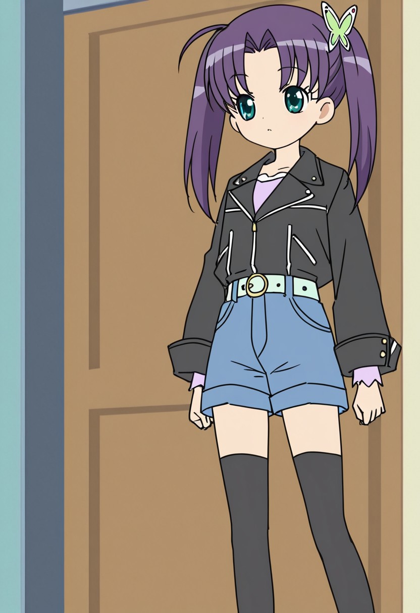 anime art style, hime-chen! otogi chikku idol lilpri, casual outfit, 1girl, purple hair, thighhighs, shorts, belt, long sleeves, side ponytail, butterfly hair ornament, long hair, black jacket, hair ornament, green eyes, twintails, bangs, solo, jacket, standing, black thighhighs, sketch, sasahara natsuki, Loliform