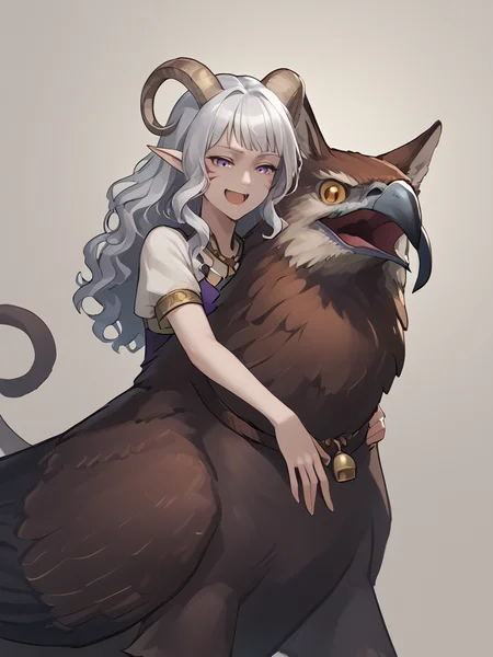 source_furry, score_7_up, rating_safe, source_anime, anime face, <lora:whisker_markings:0.8>red whisker_markings, silver long wavy hair, bell necklace, short pointy ears, purple eyes, <lora:age_slider_v4:0.6> full body, close up,
<lora:Test_Diana:0.9> tiefling_bard_diana griffin, riding griffin, <lora:Tieflingnew weird fantasyDND:0.3><lora:Smooth Style 2 SDXL_LoRA_Pony Diffusion V6 XL:0.3> smile, open eyes, <lora:INKxXmo shaded face:0.7> Shaded FaceINKxXmo Dark Theme, <lora:griffin:1>