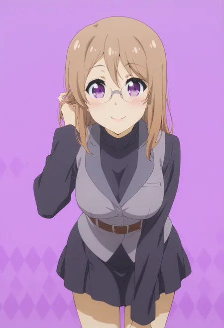 anime screencap, anime coloring,  <lora:DX888Yui:1> saitou yui, purple eyes, brown hair, long hair, hair down BREAK   black dress, belt, vest, grey vest, turtleneck, short dress, long sleeves, glasses,  BREAK simple background, purple background,  argyle background, BREAK     1girl, blush, hand in own hair, leaning forward, looking at viewer, smile, solo,