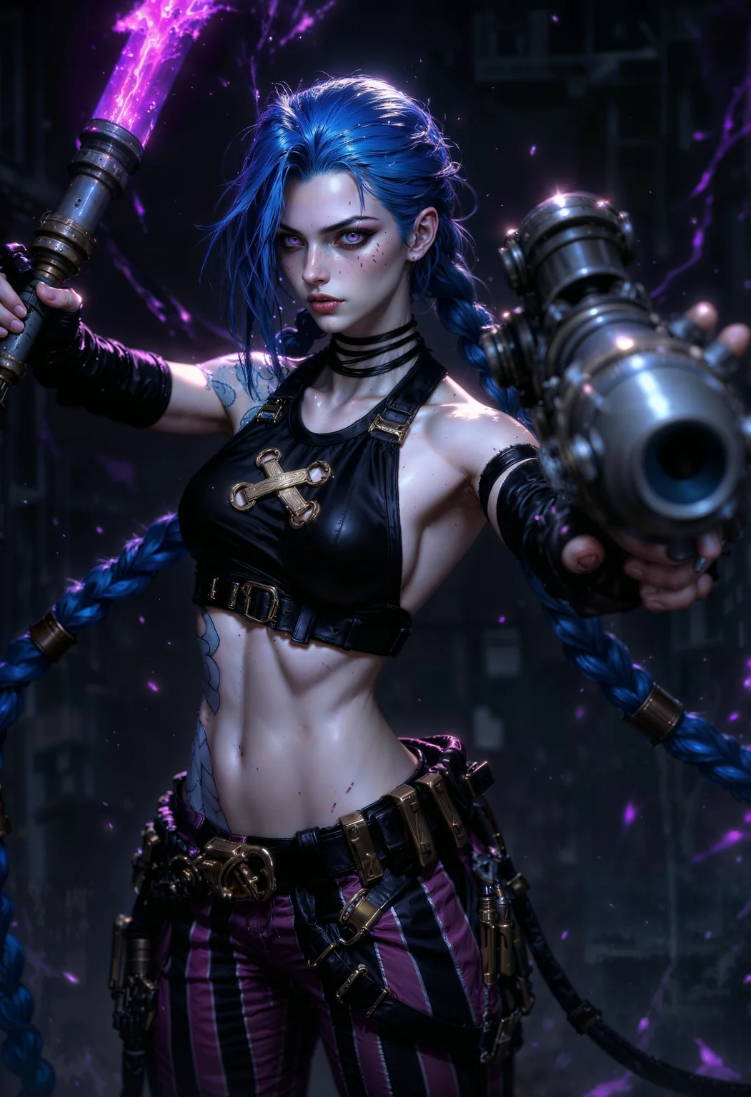 JinxA, a stylized character with a dark, moody atmosphere. The character is a female with pale skin and striking blue hair styled in long braids. She has a mischievous expression with sharp facial features and dark eye makeup. Her attire is a black, sleeveless crop top and dark pants with vertical stripes, accessorized with belts and arm bands. She holds a weapon emitting purple energy in her right hand, and a large, mechanical device is strapped to her back. The background is dimly lit, with industrial elements and soft, ambient lighting, enhancing the dramatic and intense mood of the scene. <lora:FluxMythP0rtr4itStyle:0.6> <lora:Midjourney_Dreamlike_Fantasy_FLUX_LoRA:0.6> <lora:Elden_Ring_-_Yoshitaka_Amano:0.33>
<lora:FluxJinxV2:1>