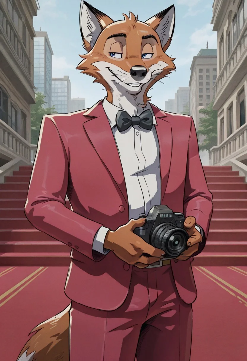 detailed background, cowboy shot, solo, 1boy, adult, Henrythefox, fox, solo, 1boy, ((expressive)), ((body movement, hand movement)), outdoors, standing outside of building casino, standing in front of black limo, red suit jacket, camera flashes, red carpet, luxurious vibes, white dress shirt, black bow tie, seductive smile, big iris, pupils shown, detailed scenery, masterpiece, best quality, very aesthetic, newest, masterpiece, best quality, amazing quality, very aesthetic, absurdres, newest,, high res, ultra detailed, best quality, best artwork, detailed eyes, (eyes focus), perfect eyes, big iris, pupils visible, anthro hands, claws, 4k, ultra quality, perfect face, absurdres,masterpiece,best quality,amazing