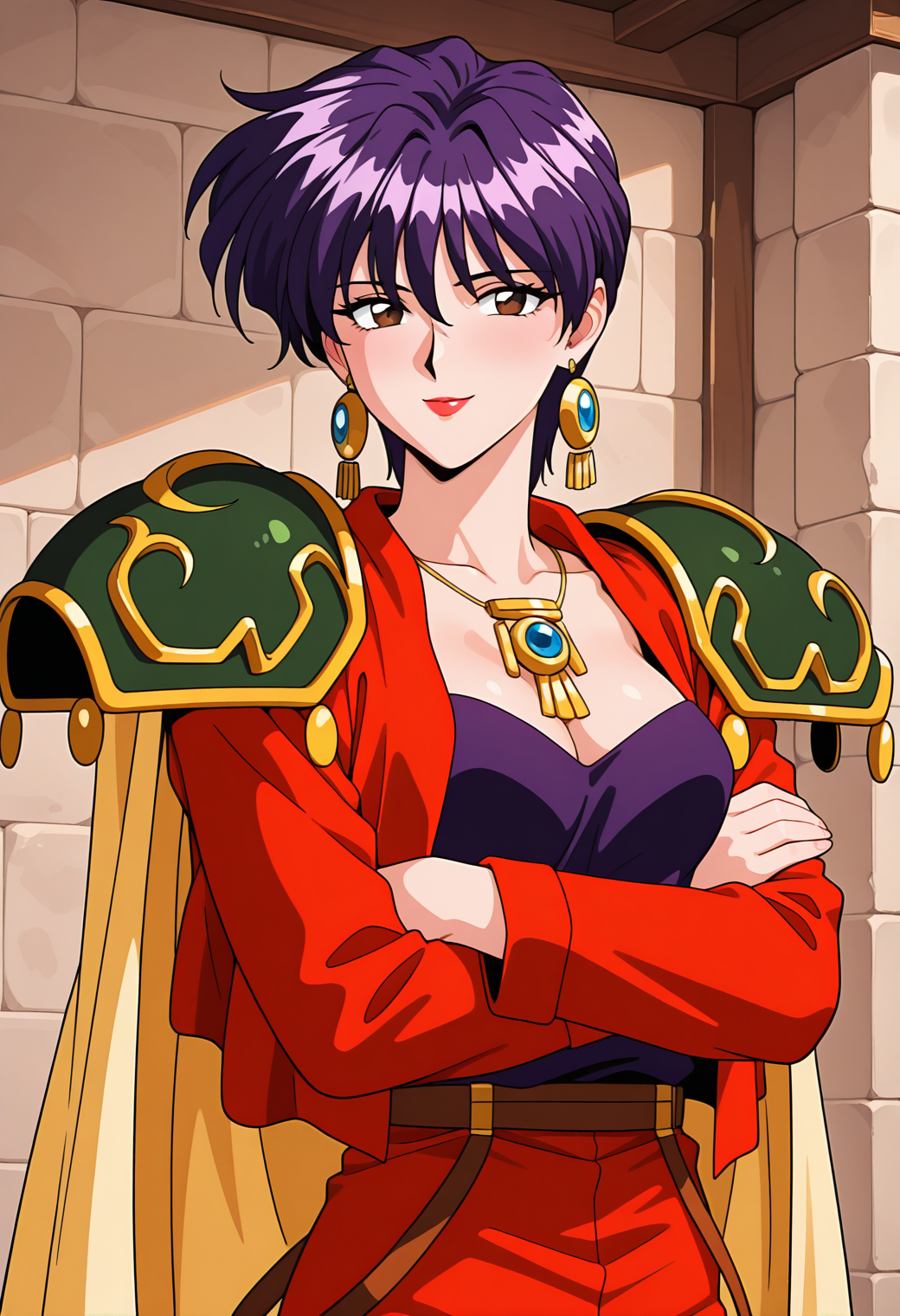 masterpiece, best quality, amazing quality, 1girl, solo, 1990s \(style\), retro_artsryle,
<lora:komiyama_airi_v01:0.9>, komiyama_airi, purple hair, short hair, brown eyes, lipstick,
earrings, pauldrons, yellow cape, red jacket, long sleeves, necklace, purple camisole, strapless, belt, red pants, (smile:0.7), crossed arms, upper body