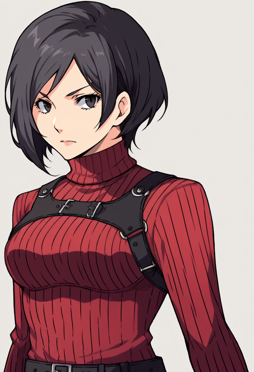 score_9, score_8_up, score_7_up, source_anime BREAK
<lora:zs_ZeroAzurePortraitsXL:1> zeroazureportraits, solo, upper body, simple background, upper body, 1girl
<lora:adawong-re-richy-v1_pdxl:1> adasweater, black hair, short hair, black eyes, red sweater, turtleneck, harness, pantyhose, black gloves, belt