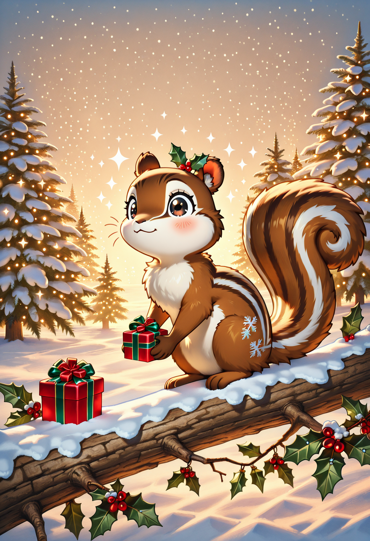 Animal Christmas, masterpiece, best quality, Squirrel, mini gift box, sitting on branch, holly berries, pine garlands, snowfall, warm light, curious expression, frosty trees, decorative stars, sparkling lights, soft shadows, festive background, winter woods, playful atmosphere