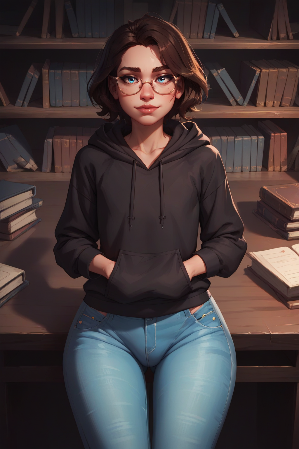 score_9, score_8_up, score_7_up,   <lora:princess_xl_v2:0.7>, <lora:arcan3styl3v1PonySDXL:0.5> arcan3styl3v1,<lora:Concept Art Twilight Style SDXL_LoRA_Pony Diffusion V6 XL:0.5>,<lora:mfcgXL:0.25>, <lora:officialpit_style_v11:0.4>, source_cartoon,
tall slender 20yo adult guy, (brunette:1.5), messy medium short hair, looking at viewer, (flat chest),  (tiny bulge), (hips:1.2), (small_eyewear:1.3)
(baggy long (black_hoodie:1.4), loose jeans:1.2), (at a library study table:1.4),
 (mid shot:1.3),