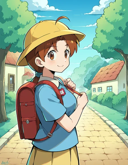 score_9, score_8_up, score_7_up, source_anime, <lora:delia-ketchum-ponyxl-lora-nochekaiser:1> deliaketchum, brown hair, brown eyes, parted bangs, ahoge, ponytail, low ponytail, medium breasts, mature female, <lora:kindergarten-uniform-ponyxl-lora-nochekaiser:1> kindergarten uniform, school hat, yellow hat, randoseru, backpack, red bag, blue shirt, name tag, skirt, pleated skirt,, smile, street, houses, road, from side, looking at viewer, holding strap, cowboy shot,