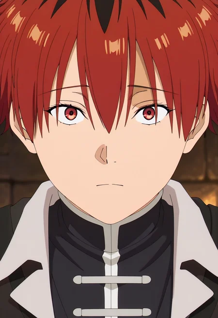 masterpiece, best quality, , anime screencap, anime coloring, official style, looking at viewer, depth of field, 1boy, solo, male focus, <lora:stark_sousou_no_frieren_ilxl:0.98>, stark_sousou_no_frieren, red hair, red eyes, short hair, bangs, hair between eyes, multicolored hair, two-tone hair, black hair, ,