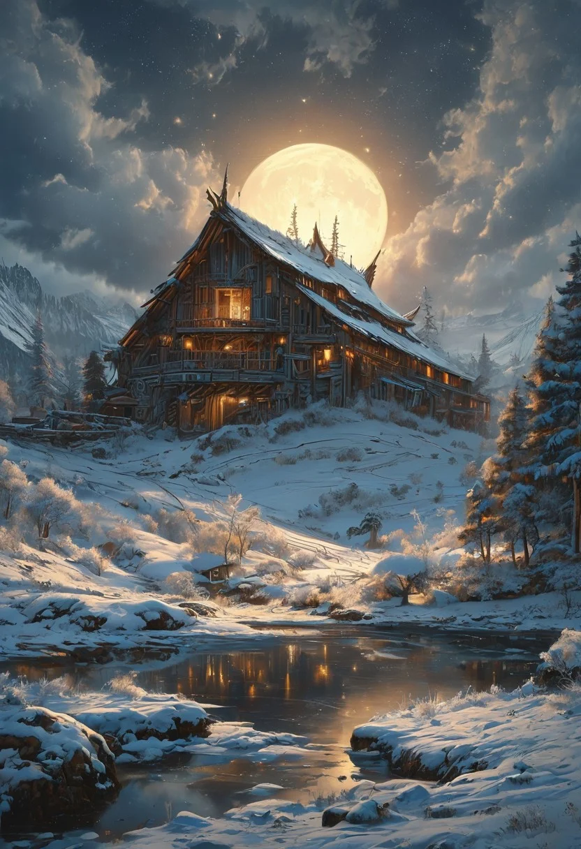 A captivating night scene illustration featuring a one floor WOODEN viking long house standing tall on a large snowy hill overlooking a lake. The beautiful viking longhouse adorned with some windows, emits a warm glow, highlighting its incredible craftsmanship. The snowy hill is covered in great pine trees, reflecting on the calm, moonlit snow that mirrors the silvery moonlight. The full moon graces the sky, casting an ethereal glow on the clouds and mountain, while wispy clouds partially obscure its brilliance, adding to the scene's mystique. Twinkling stars dot the sky, creating a celestial tapestry that harmonizes with the moon's radiance. This enchanting artwork captures a serene and peaceful night, where the illuminated WOODEN viking longhouse stands resolute amidst the celestial beauty, creating a cinematic experience., illustration, cinematic
<lora:DonM3t3rn1tyXL-v1.1:0.7>, DonM3t3rn1tyXL,
OverallDetailXL <lora:MJ52:0.3> <lora:SDXLFaeTastic2400:0.4> <lora:EpicF4nta5yXL:0.7>