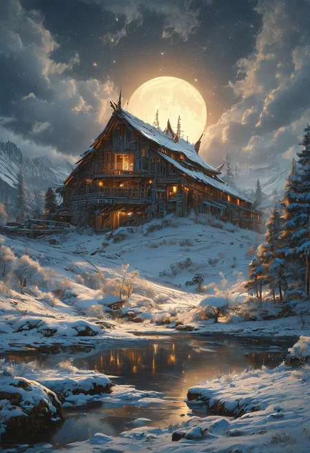 A captivating night scene illustration featuring a one floor WOODEN viking long house standing tall on a large snowy hill overlooking a lake. The beautiful viking longhouse adorned with some windows, emits a warm glow, highlighting its incredible craftsmanship. The snowy  hill is covered in great pine trees, reflecting on the calm, moonlit snow  that mirrors the silvery moonlight. The full moon graces the sky, casting an ethereal glow on the clouds and mountain, while wispy clouds partially obscure its brilliance, adding to the scene's mystique. Twinkling stars dot the sky, creating a celestial tapestry that harmonizes with the moon's radiance. This enchanting artwork captures a serene and peaceful night, where the illuminated WOODEN viking longhouse stands resolute amidst the celestial beauty, creating a cinematic experience., illustration, cinematic
<lora:DonM3t3rn1tyXL-v1.1:0.7>, DonM3t3rn1tyXL,
OverallDetailXL  <lora:MJ52:0.3>  <lora:SDXLFaeTastic2400:0.4>  <lora:EpicF4nta5yXL:0.7>