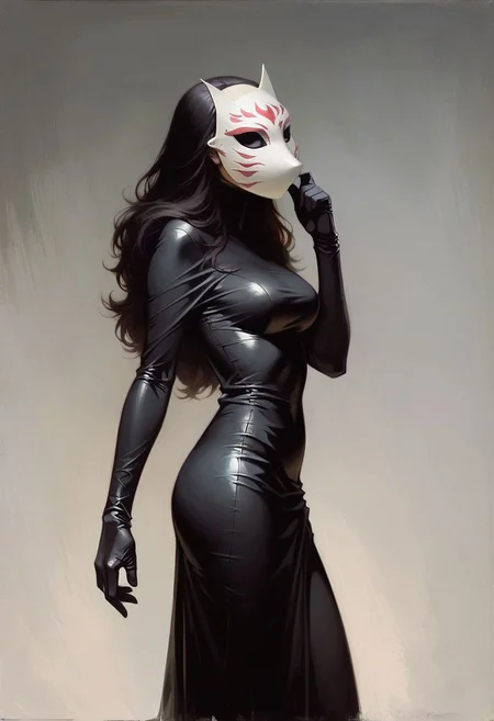ph4nt0m01l, realistic, score_9, score_8_up, score_7_up, portrait,
1woman, (Page Monroe), (((faceless))), tight fit,, long hair, black hair, skintight clothing, long-sleeved dress, black dress, black tights, petite, (white mask), (mask:1.6), (monochromatic outfit), gloves, (black eyes:1.5), (white_mask:1.4)
black background, standing, detailed, high quality,