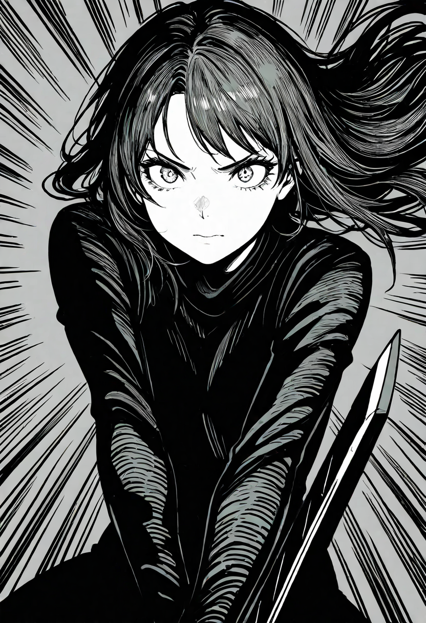 masterpiece, best quality, 1girl, solo, eyelashes, (beautiful eyes),    inked drawing, hatching (texture), bold lines, high contrast, dramatic shadows, rough textures, dynamic pose, action, detailed broadsword, sword focus,