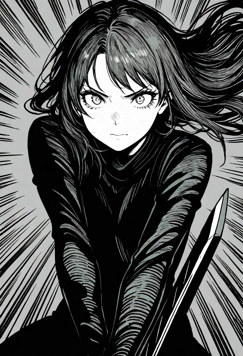 masterpiece, best quality, 1girl, solo, eyelashes, (beautiful eyes), inked drawing, hatching (texture), bold lines, high contrast, dramatic shadows, rough textures, dynamic pose, action, detailed broadsword, sword focus,