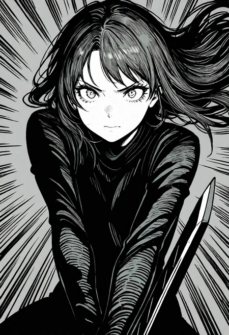 masterpiece, best quality, 1girl, solo, eyelashes, (beautiful eyes), inked drawing, hatching (texture), bold lines, high contrast, dramatic shadows, rough textures, dynamic pose, action, detailed broadsword, sword focus,