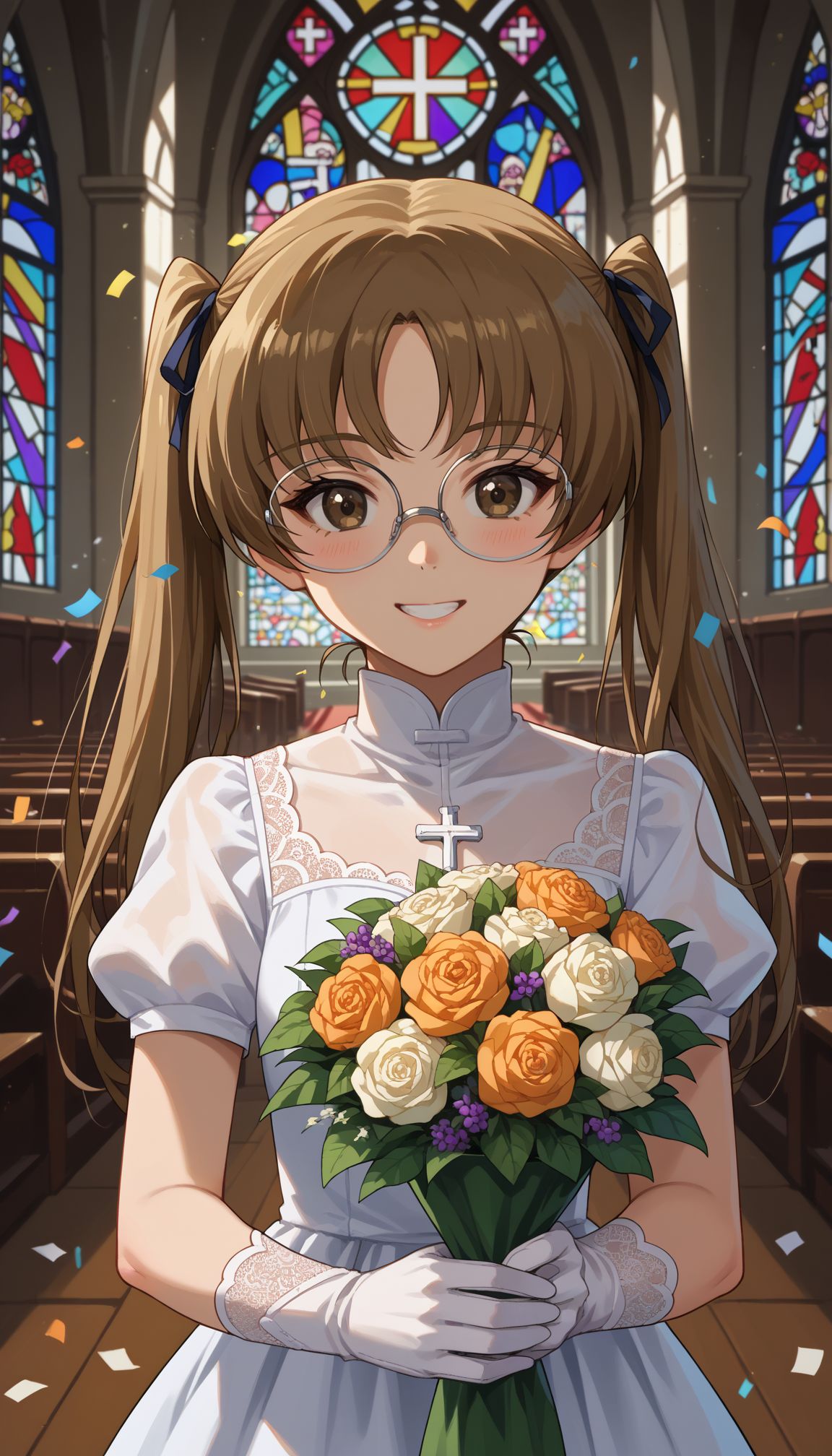 score_9, score_8_up, score_7_up, source_anime,
<lora:GUPAya :1>, GUPAya , 1girl, glasses, twintails, brown eyes, brown hair, long hair,  indoors, church, stained glass, whie veil, laced gloves, upper body, close portrait church, holding bouquet, (confetti:1.1), smile, white dress, wedding dress, church, holding bouquet, (confetti:1.1)
