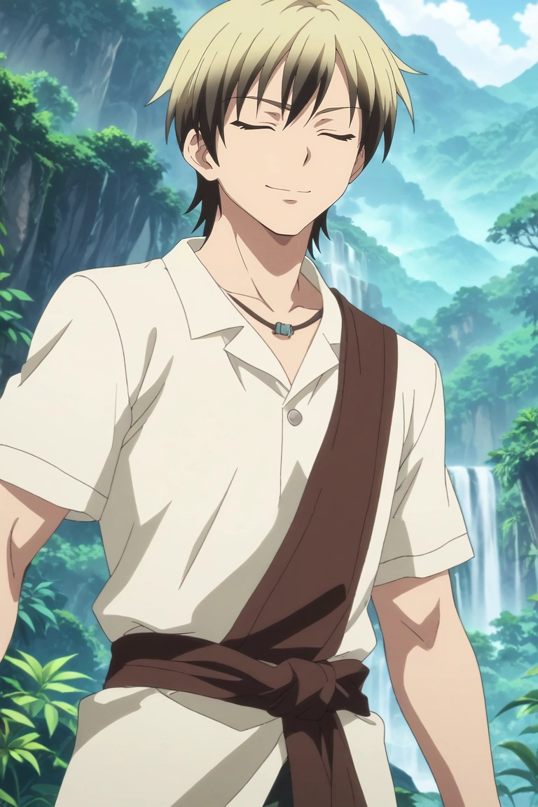 score_9, score_8_up, score_7_up, , rating_safe, , anime screencap, , , , , 1boy, solo, male focus, <lora:kodaka_hasegawa_pony:0.8>, kodaka_hasegawa, blonde hair, black eyes, short hair, multicolored hair, two-tone hair, black hair, cowboy shot, atlantis, dusk, dynamic pose, (closed eyes:1.2), smile, , <lora:sdxl_lightning_8step_lora:1>