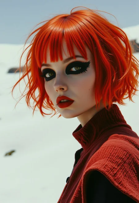 A moody bleaked Anaglyph pastel broken contrast colored, Dusty White Desert, a dystopian Landscape in Infernal Heat backdrop , in the foreground a detailed cinematic Closeup Portrait, the vision flimmers and IS blurry - a Shadow of a giant complex ist barely visible in the far, in the foreground a Closeup of a female FictionalEmber,bright red hair,heavy black eye makeup and intense red lips with a billowing Cape and an immense translucent hair Walking through the dunes of *Channel_42*, vibrant translucent bleaked orange, beige, gray, and black tones dominate the scene, evoking a dystopian, industrial atmosphere. Retro scan of an 80s sci-fi book, lofi, grainy, melancholic yet hyper-detailed, cinematic, A colossal, technologically complex desolate intricate Caterpillar mech Robot lies stranded in the middle of a desolate, cracked wasteland. R3tun4L style