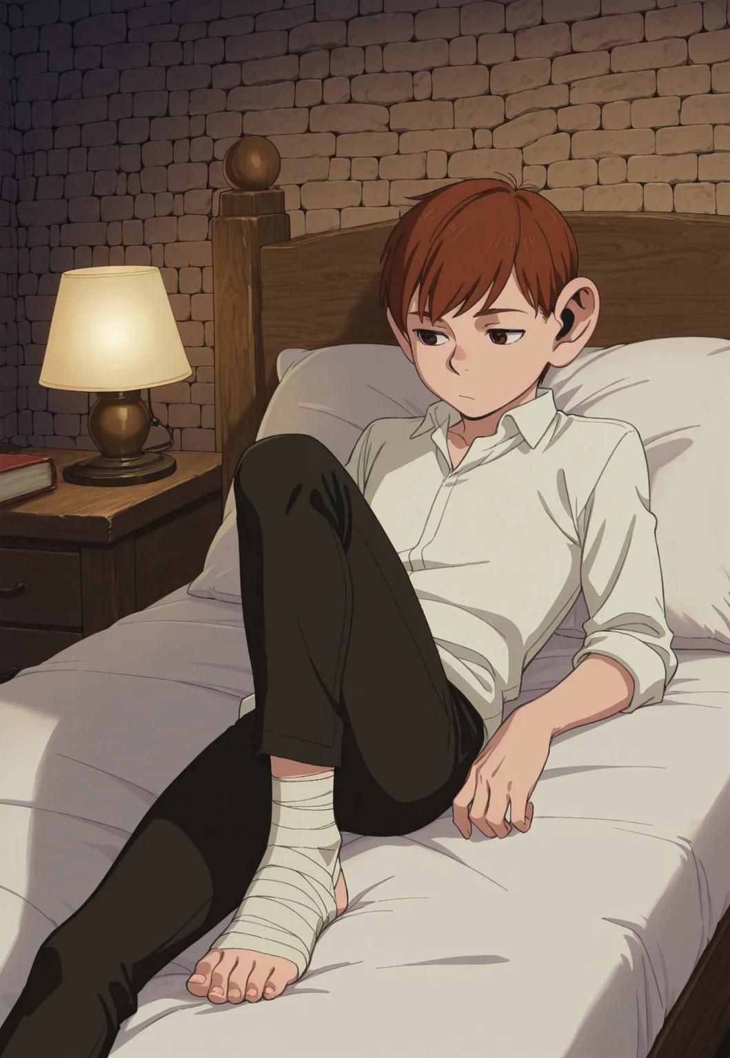 safe_pos, safe_pos, score_9, score_8_up, score_7_up, masterpiece, best quality, very aesthetic, absurdres, amazing quality, high resolution, ultra-detailed, volumetric lighting, newest, scenery, DunMeshi_Chilchuck, 1boy, solo, male focus, halfling, brown hair, short hair, brown eyes, CasualChil, white shirt, collared shirt, black pants, bandaged foot, lying, on bed, bedroom, tavern, pillow, leaning on pillow, big pillow, nightstand, lamp,
